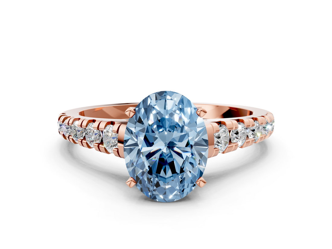 Rose gold Fancy Blue Oval  Cut Diamond Solitaire with Pave Band and Four-Prong Setting_164