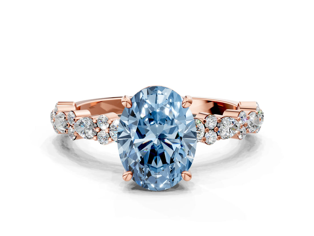 Rose gold Fancy Blue Oval Cut Diamond Solitaire with Side Stones, Pave Band, Four-Prong Setting_99