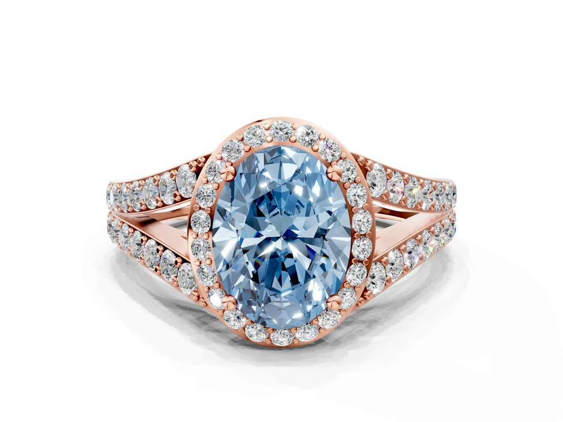 Rose gold Fancy Blue Oval Cut Diamond Split Shank Halo Ring with Four-Prong Setting_58