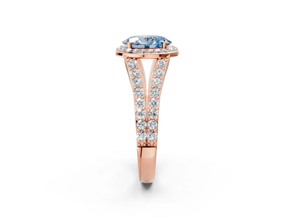 Rose Gold Oval Halo Engagement Ring Setting for Fancy Blue Center with Narrow Pave Split Shank