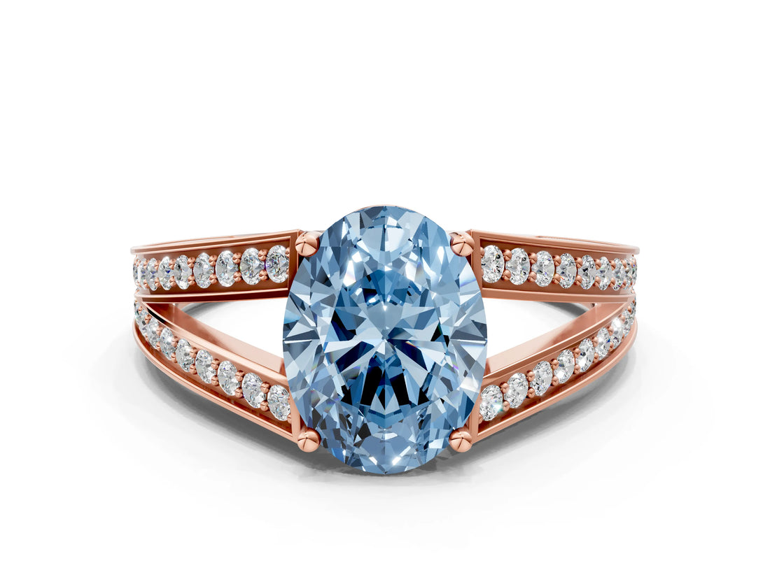 Rose gold Fancy Blue Oval Cut Diamond Split Shank Ring with Pavé Band and Four-Prong Setting_43