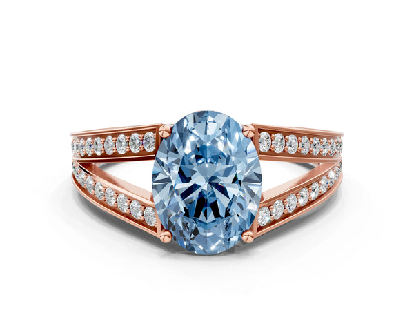Rose Gold Oval Pave Split Shank Engagement Ring Setting for Fancy Blue Center with Engraved Sides