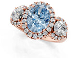 Rose gold Fancy Blue Oval Cut Diamond Three-Stone Halo Ring with Prong Setting and Pavé Accents_1