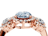 Rose gold Fancy Blue Oval Cut Diamond Three-Stone Halo Ring with Prong Setting and Pavé Accents_4