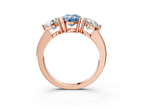 Rose gold Fancy Blue Oval Cut Diamond Three-Stone Ring with Prong Setting and Classic Band
