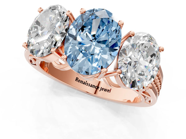 Rose gold Fancy Blue Oval Cut Diamond Three-Stone Ring with Prong Setting and Textured Band