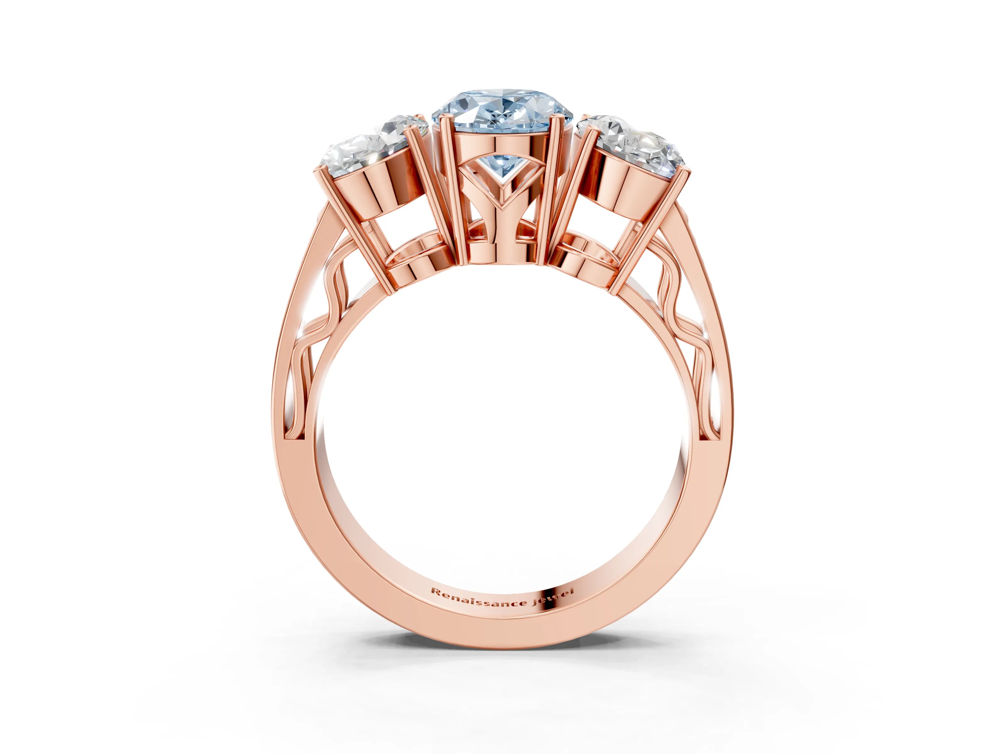 Rose gold Fancy Blue Oval Cut Diamond Three-Stone Ring with Prong Setting and Textured Band_15