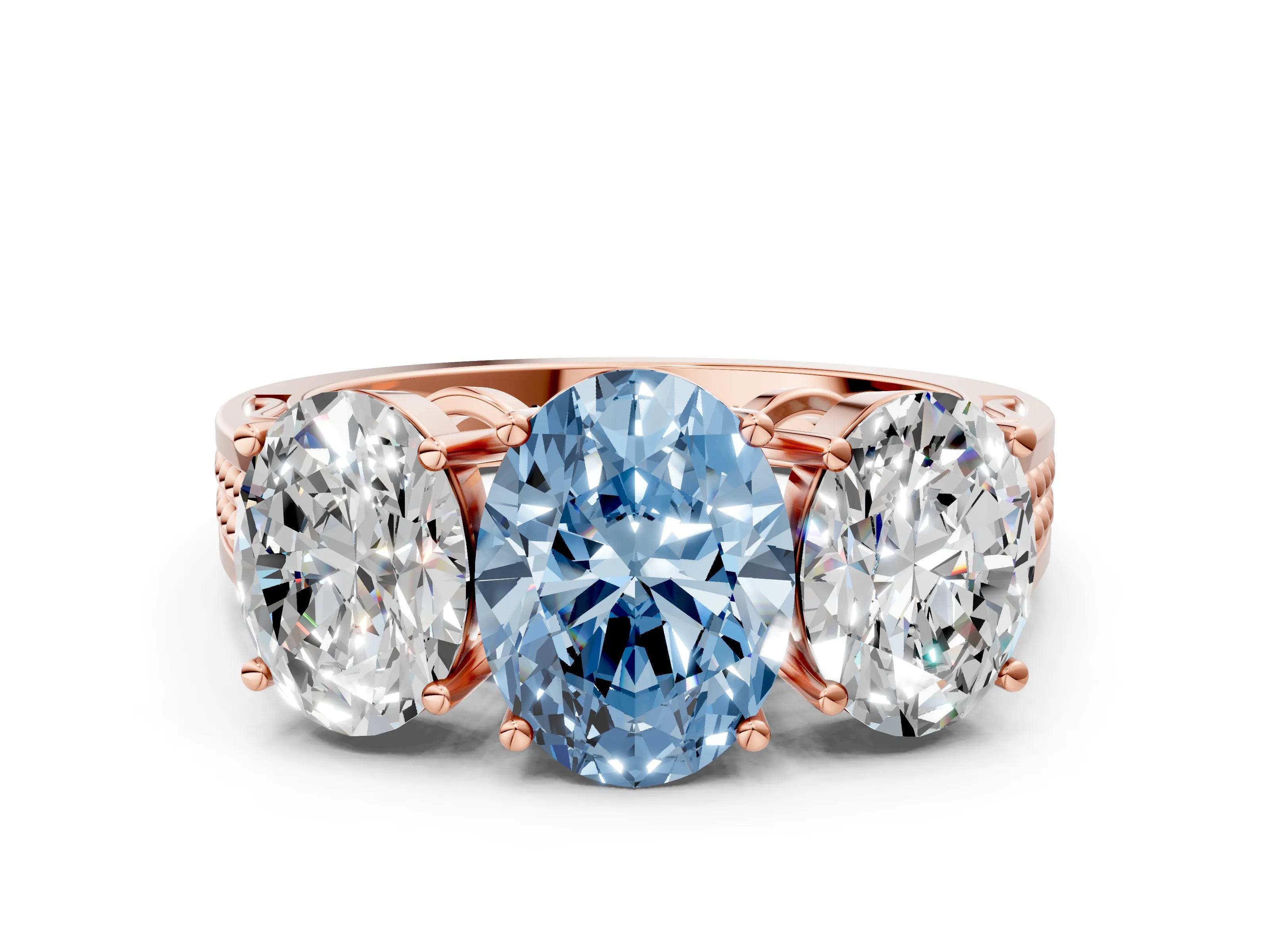 Rose gold Fancy Blue Oval Cut Diamond Three-Stone Ring with Prong Setting and Textured Band_24