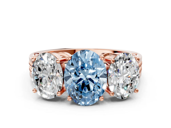 Rose gold Fancy Blue Oval Cut Diamond Three-Stone Ring with Prong Setting and Textured Band