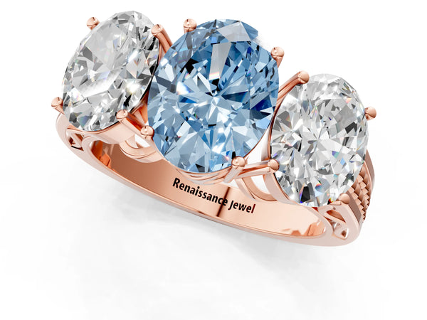 Rose gold Fancy Blue Oval Cut Diamond Three-Stone Ring with Prong Setting and Textured Band