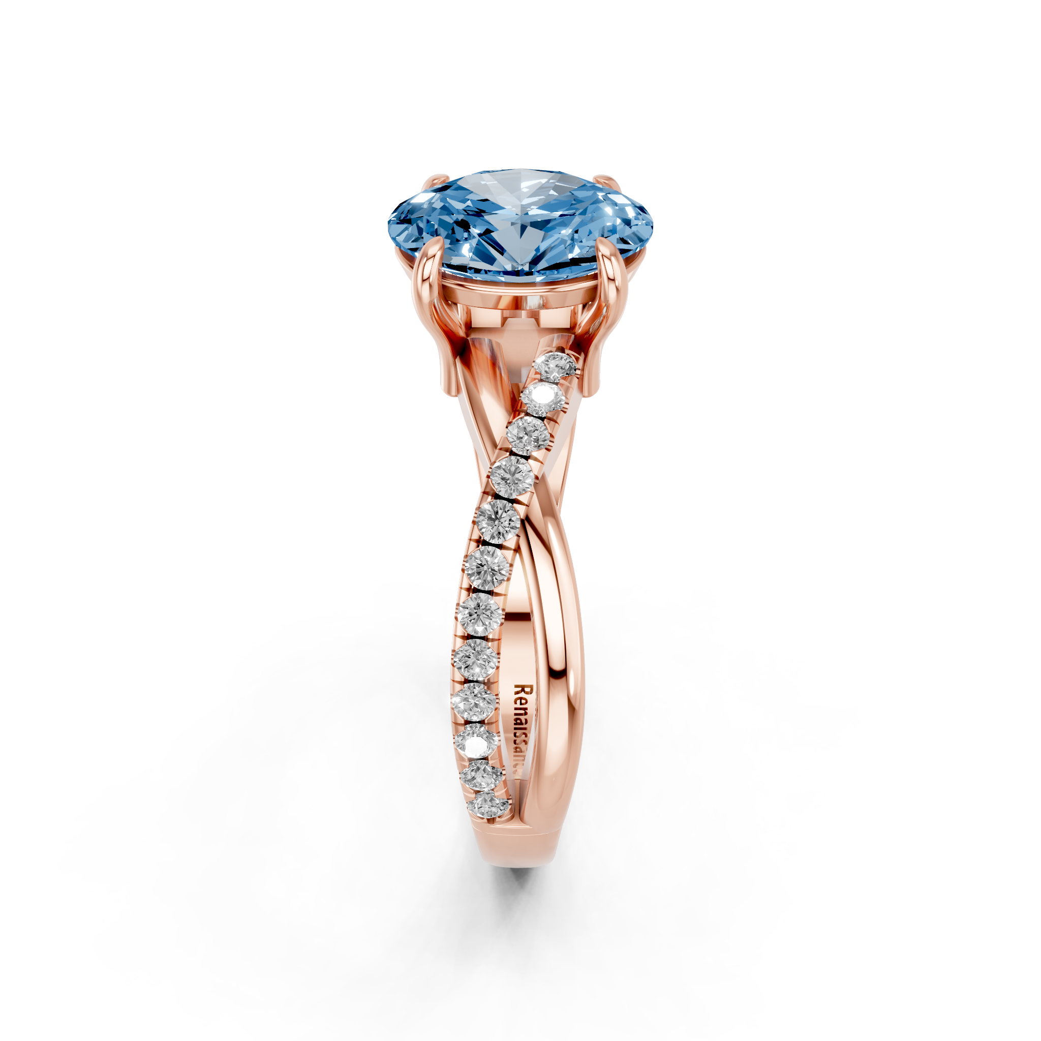 Rose gold Fancy Blue Oval  Cut Diamond Twist Band Solitaire with Prong Setting_12