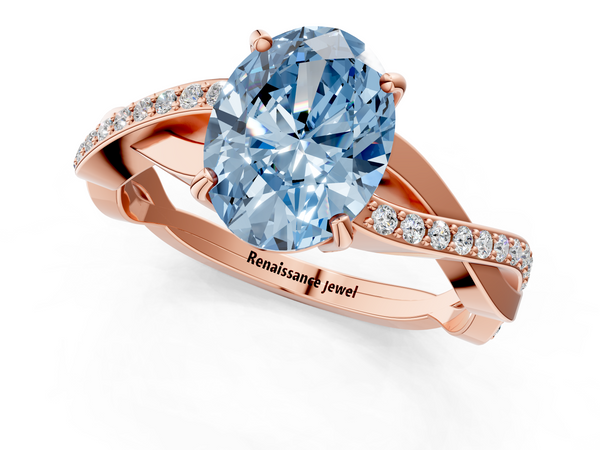 Rose gold Fancy Blue Oval  Cut Diamond Twisted Band Engagement Ring with Prong Setting