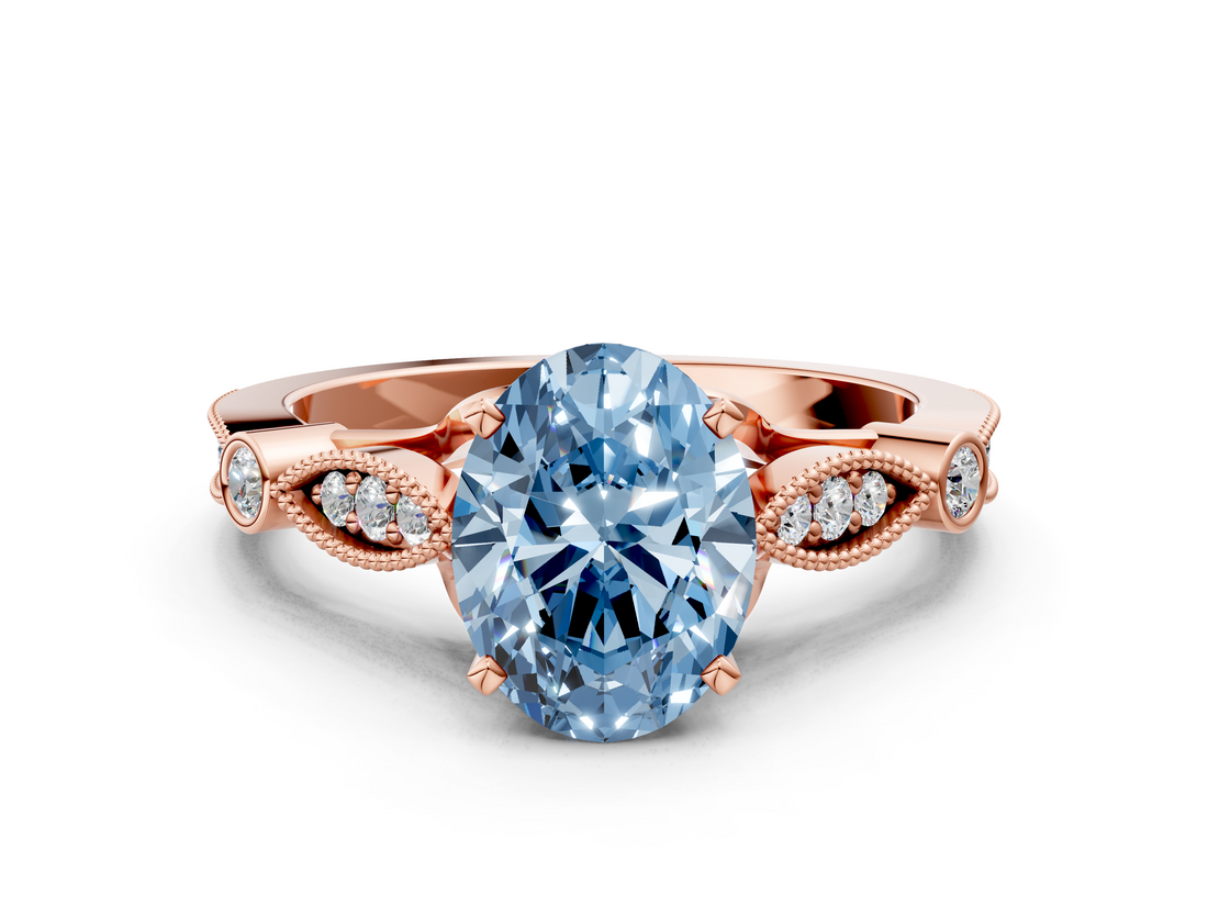 Rose gold Fancy Blue Oval  Cut Diamond with Milgrain Marquise and Bezel Accents on a Solitaire Band with Prong Setting_208