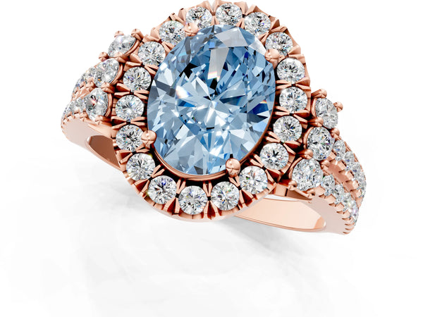 Rose gold Fancy Blue Oval  Cut Double Halo Diamond Engagement Ring with Pave Band and Four-Prong Setting