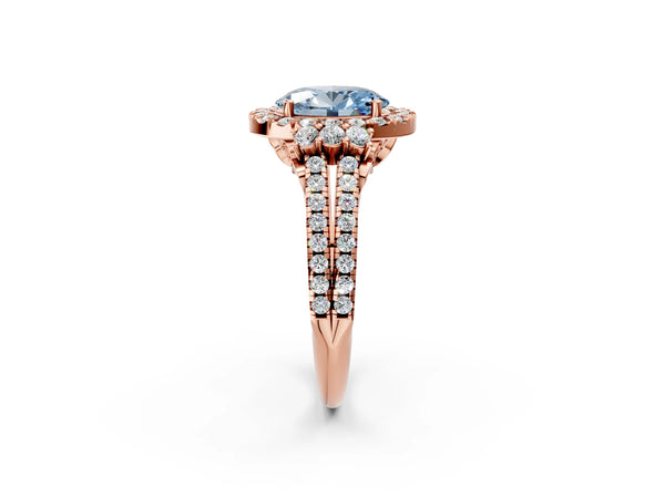 Rose gold Fancy Blue Oval  Cut Double Halo Diamond Engagement Ring with Pave Band and Four-Prong Setting