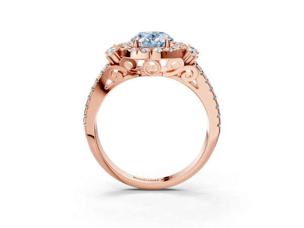 Rose gold Fancy Blue Oval  Cut Double Halo Diamond Engagement Ring with Pave Band and Four-Prong Setting