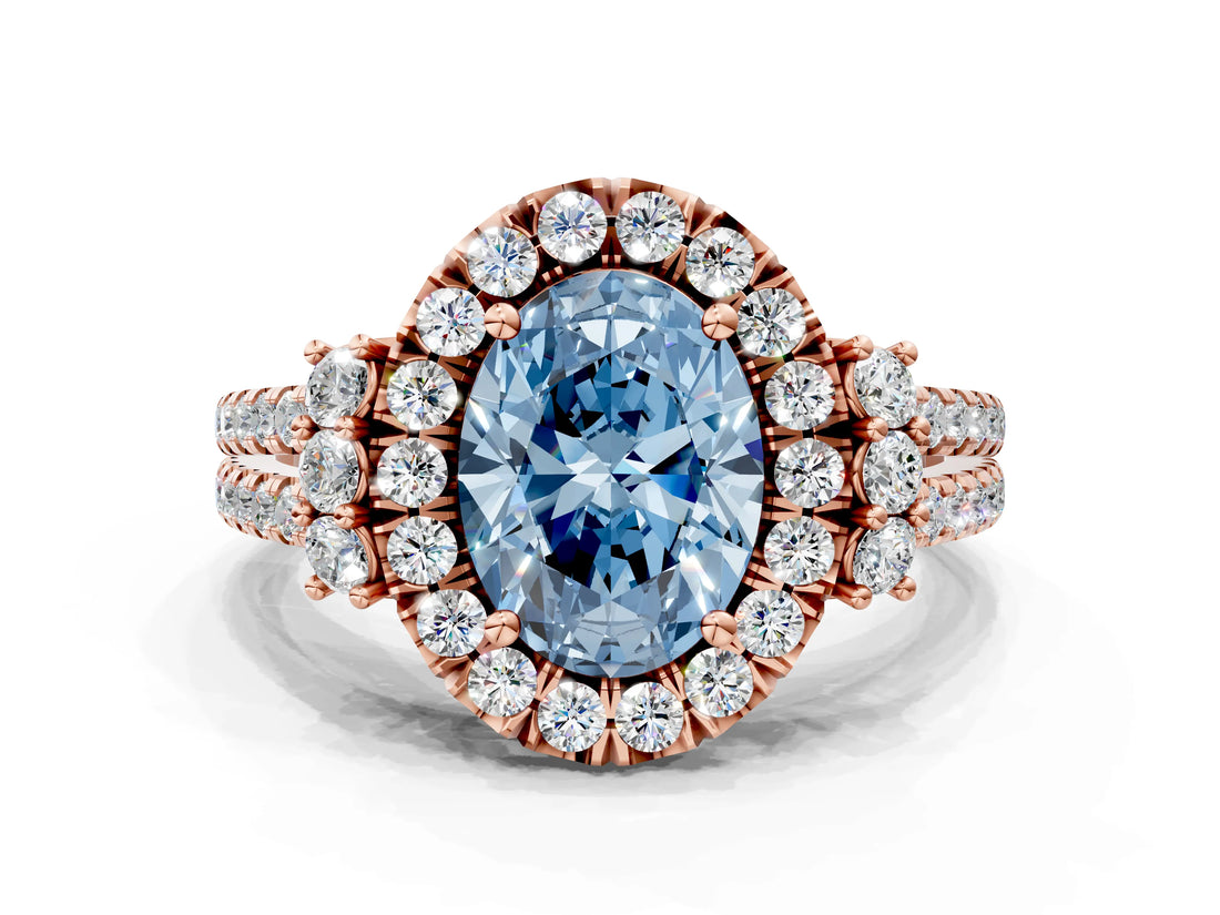 Rose gold Fancy Blue Oval  Cut Double Halo Diamond Engagement Ring with Pave Band and Four-Prong Setting