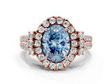 Rose gold Fancy Blue Oval  Cut Double Halo Diamond Engagement Ring with Pave Band and Four-Prong Setting