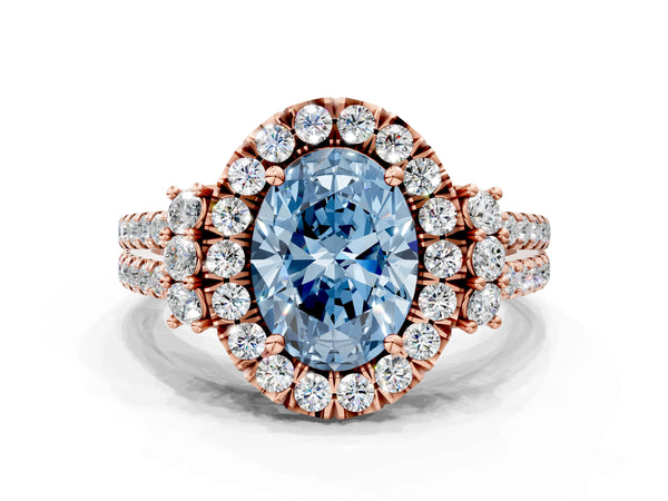 Rose gold Fancy Blue Oval  Cut Double Halo Diamond Engagement Ring with Pave Band and Four-Prong Setting