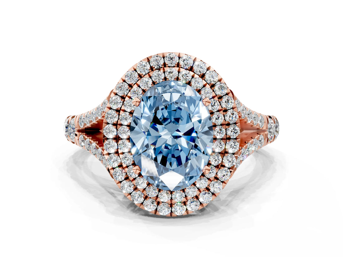 Rose gold Fancy Blue Oval  Cut Double Halo Split Shank Diamond Ring with Prong Setting_48