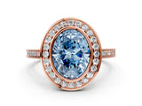 Rose gold Fancy Blue Oval Cut Halo Bezel Diamond Pave Band Ring