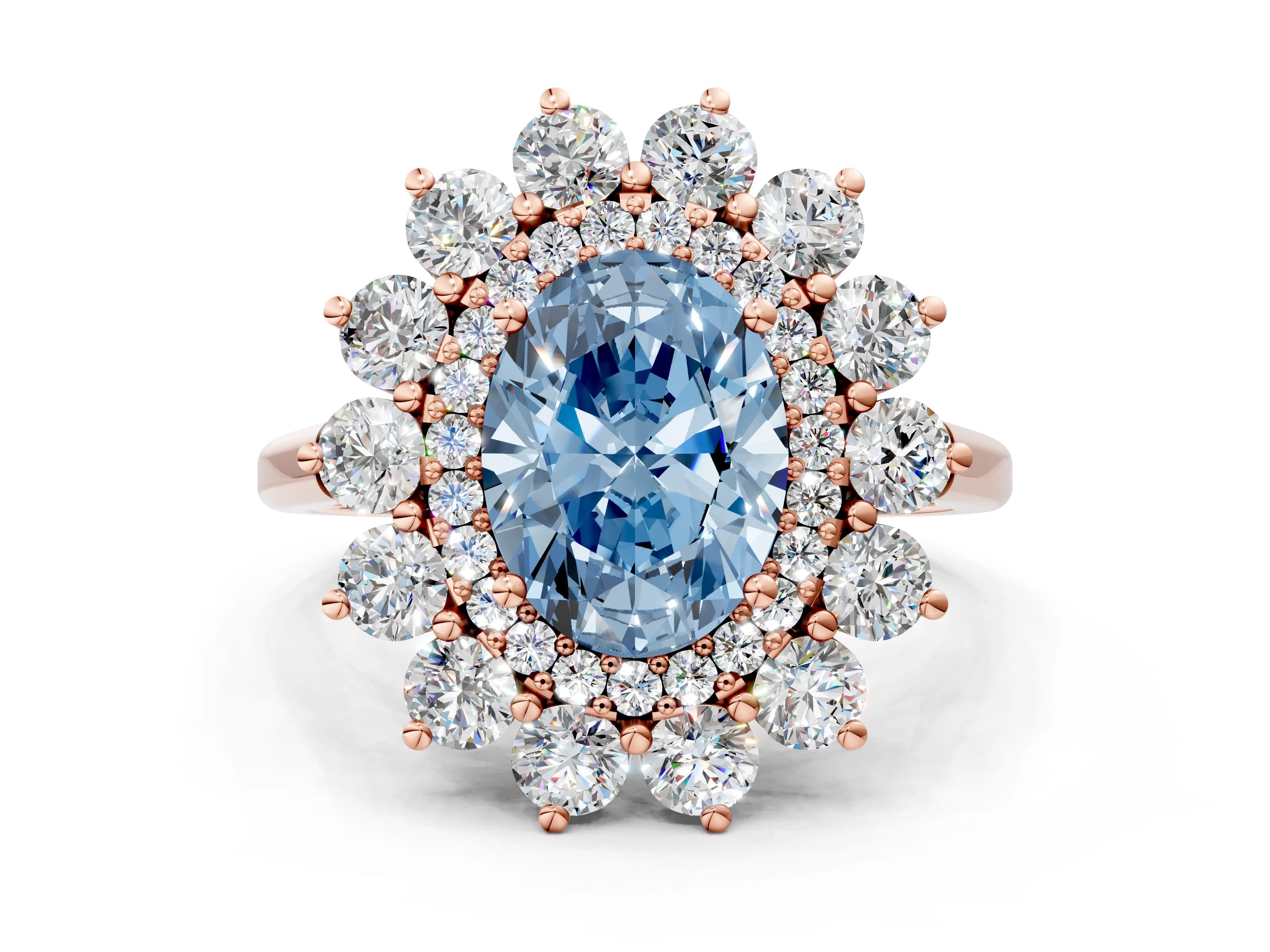 Rose gold Fancy Blue Oval Cut Halo Cluster Diamond Ring with Pave Band and Four-Prong Setting