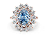 Rose gold Fancy Blue Oval Cut Halo Cluster Diamond Ring with Pave Band and Four-Prong Setting
