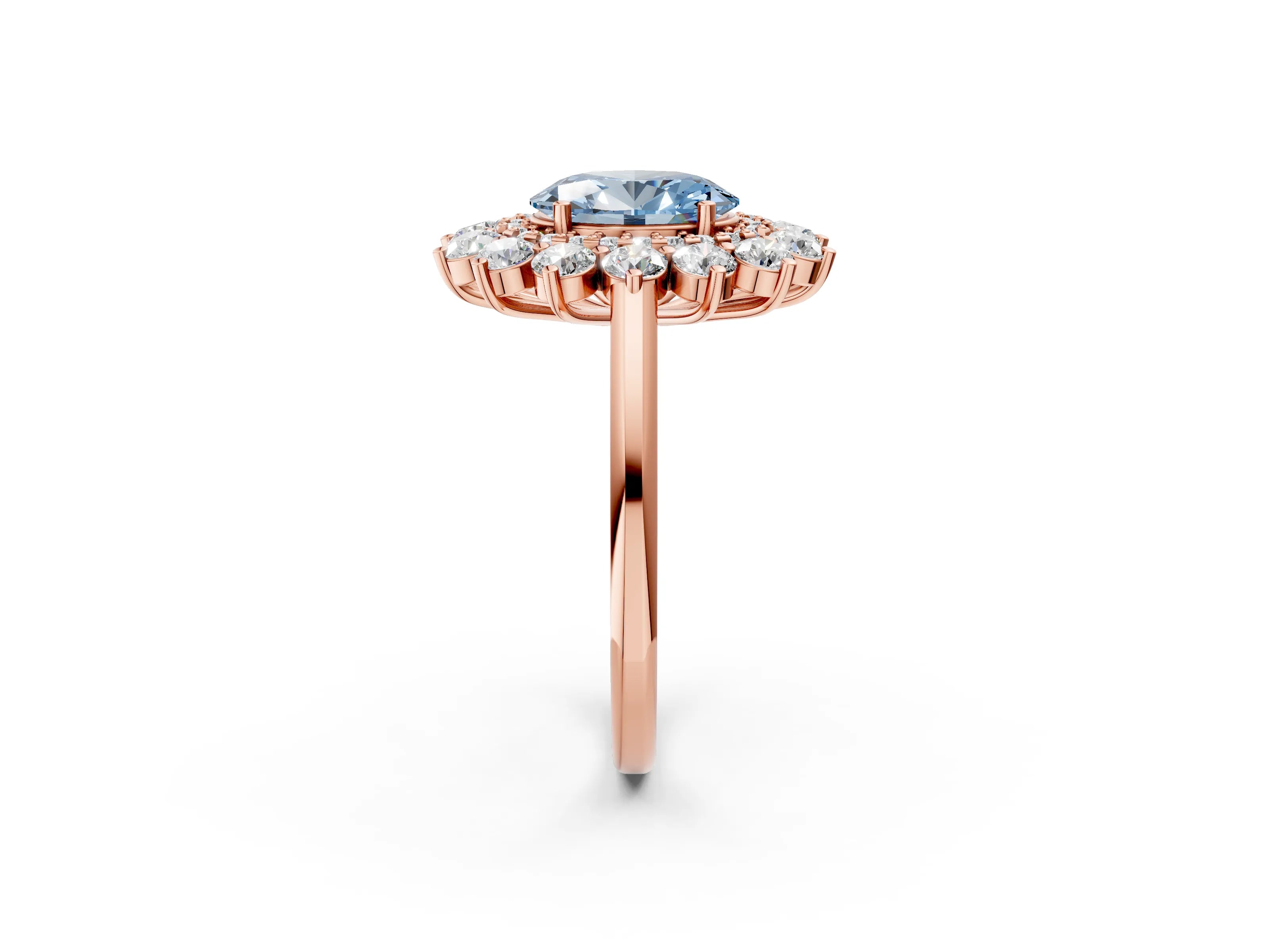 Rose gold Fancy Blue Oval Cut Halo Cluster Diamond Ring with Pave Band and Four-Prong Setting_2