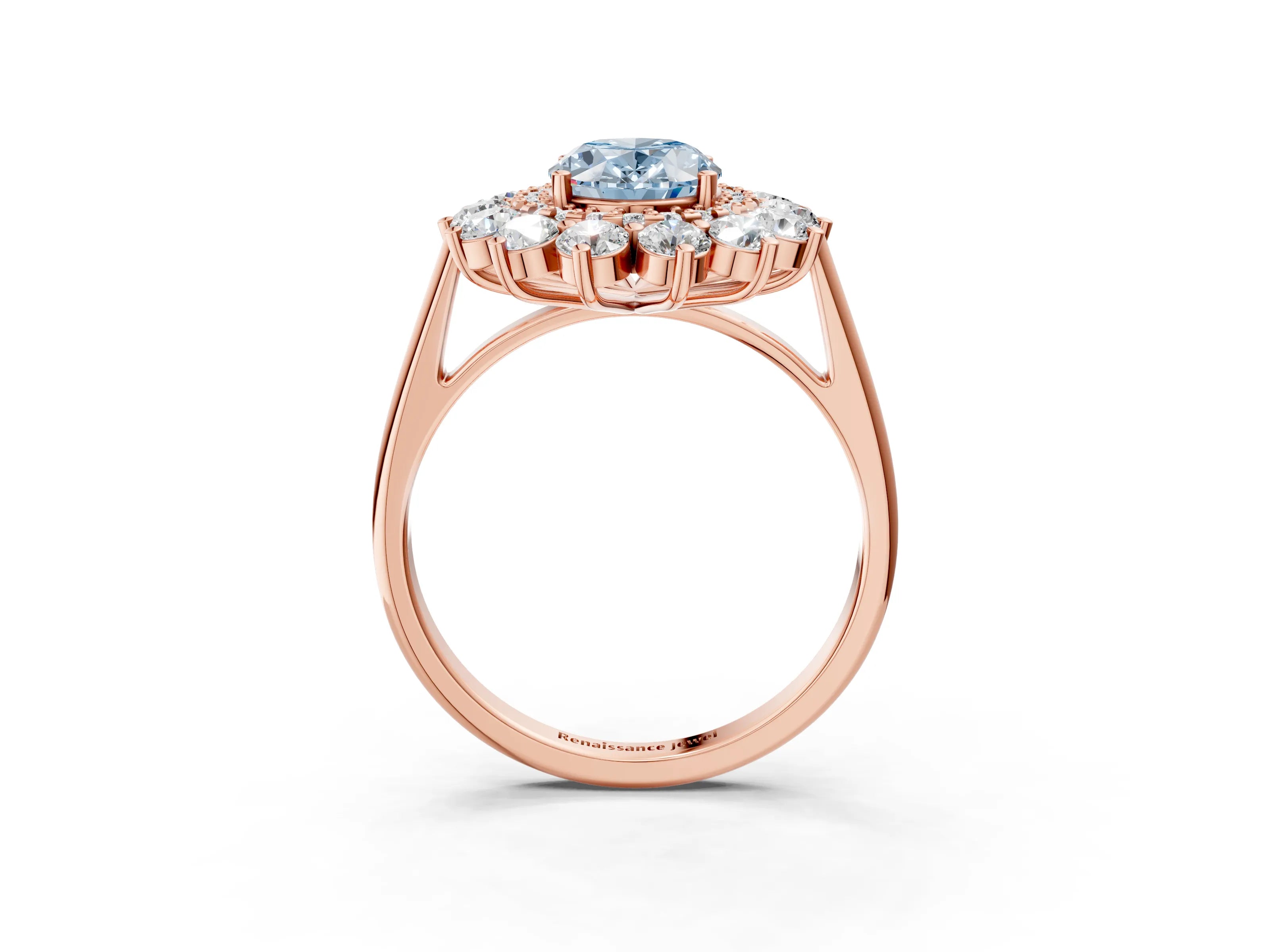 Rose gold Fancy Blue Oval Cut Halo Cluster Diamond Ring with Pave Band and Four-Prong Setting_3