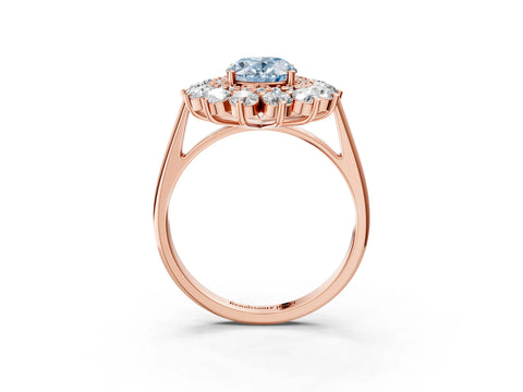 Rose gold Fancy Blue Oval Cut Halo Cluster Diamond Ring with Pave Band and Four-Prong Setting_3