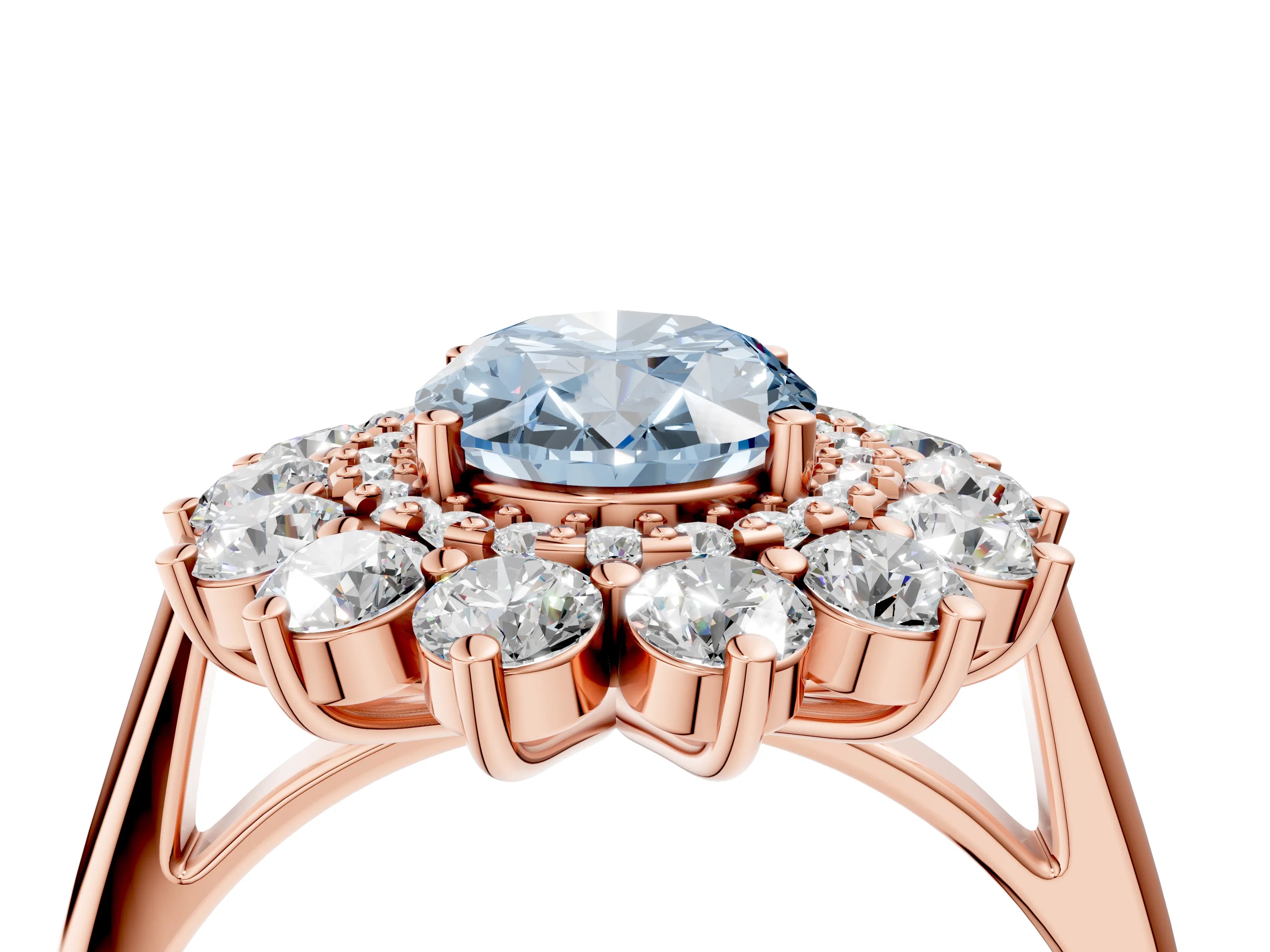 Rose gold Fancy Blue Oval Cut Halo Cluster Diamond Ring with Pave Band and Four-Prong Setting_4