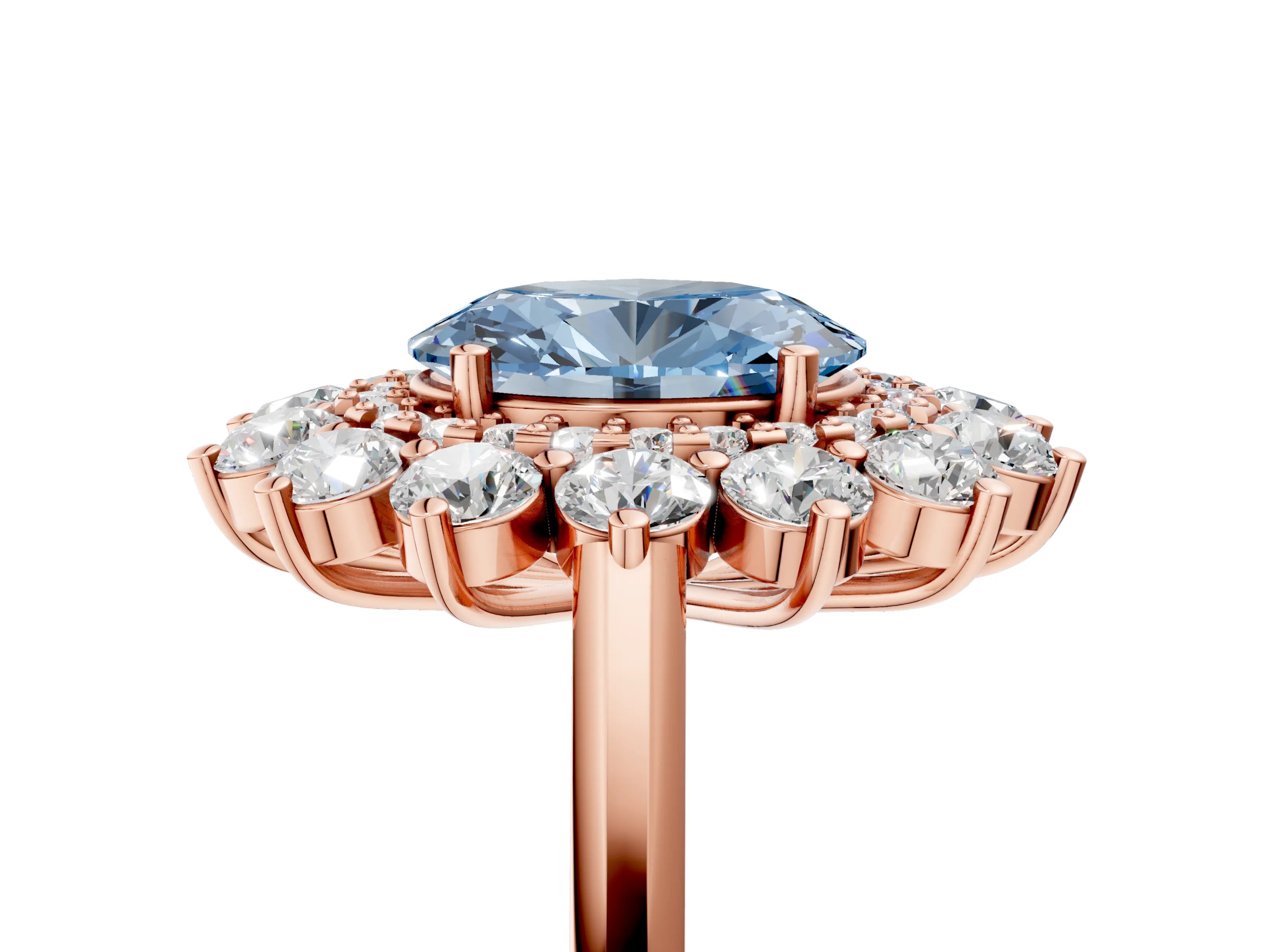 Rose gold Fancy Blue Oval Cut Halo Cluster Diamond Ring with Pave Band and Four-Prong Setting_5