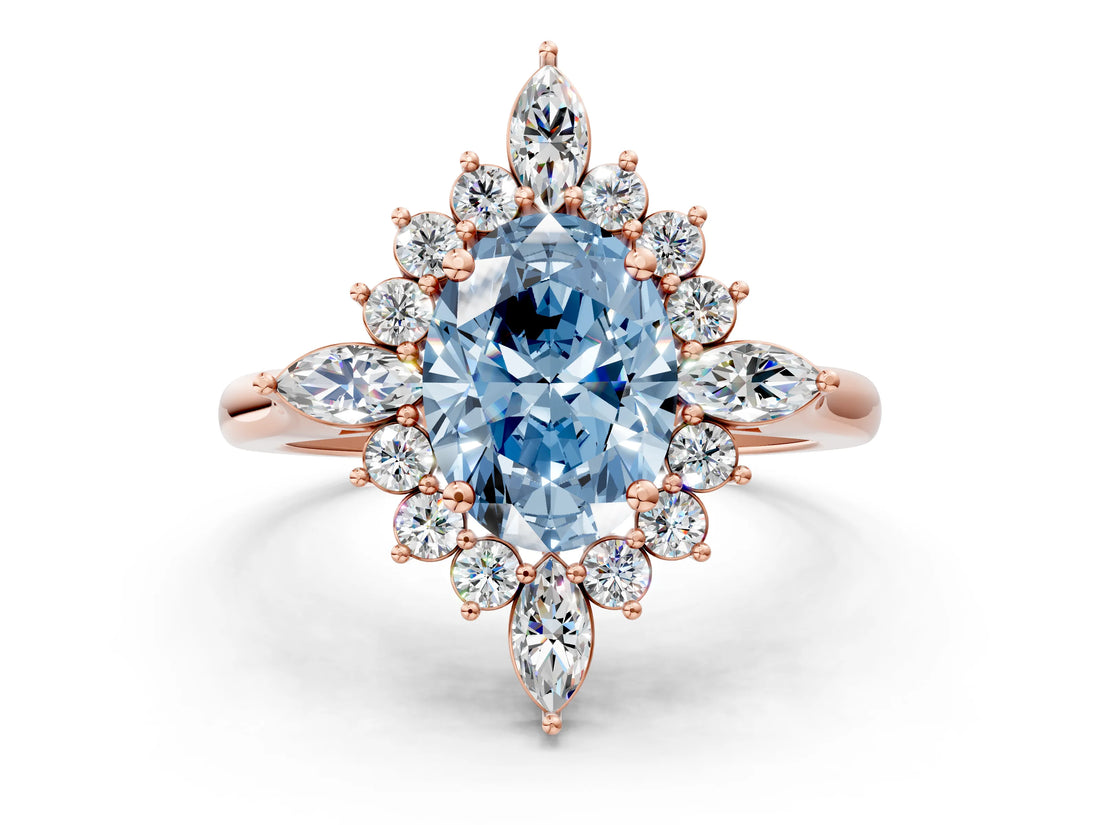 Rose gold Fancy Blue Oval Cut Halo Diamond Cluster Ring with Marquise and Round Stones on a White Gold Band with Prong Setting