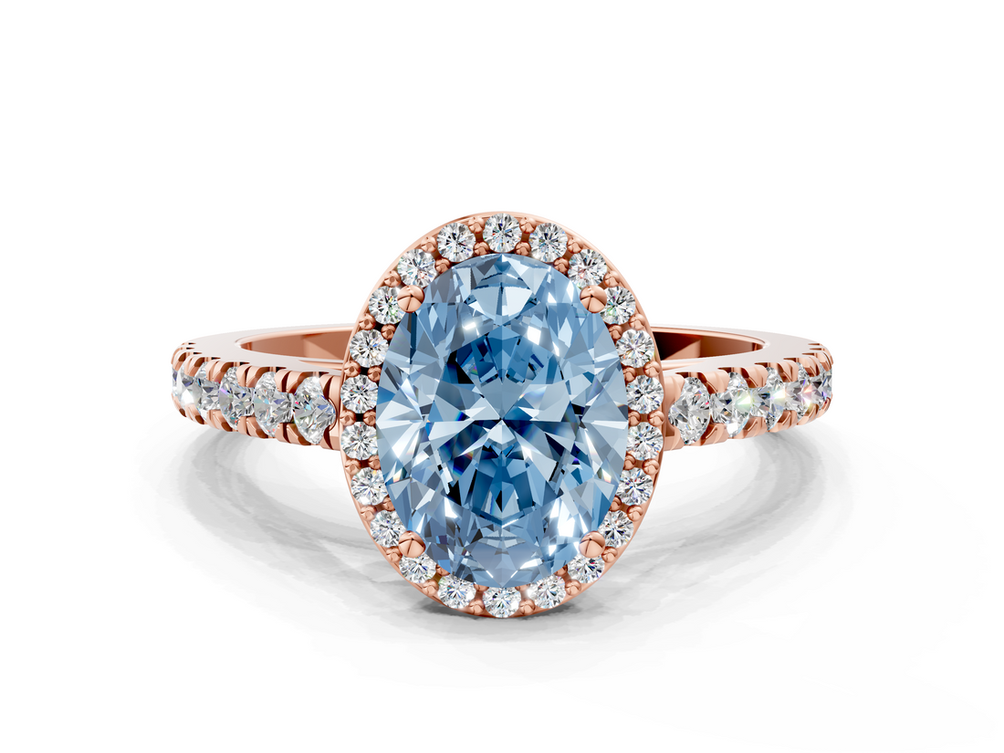 Rose gold Fancy Blue Oval  Cut Halo Diamond Engagement Ring with Pave Band and Four-Prong Setting_28