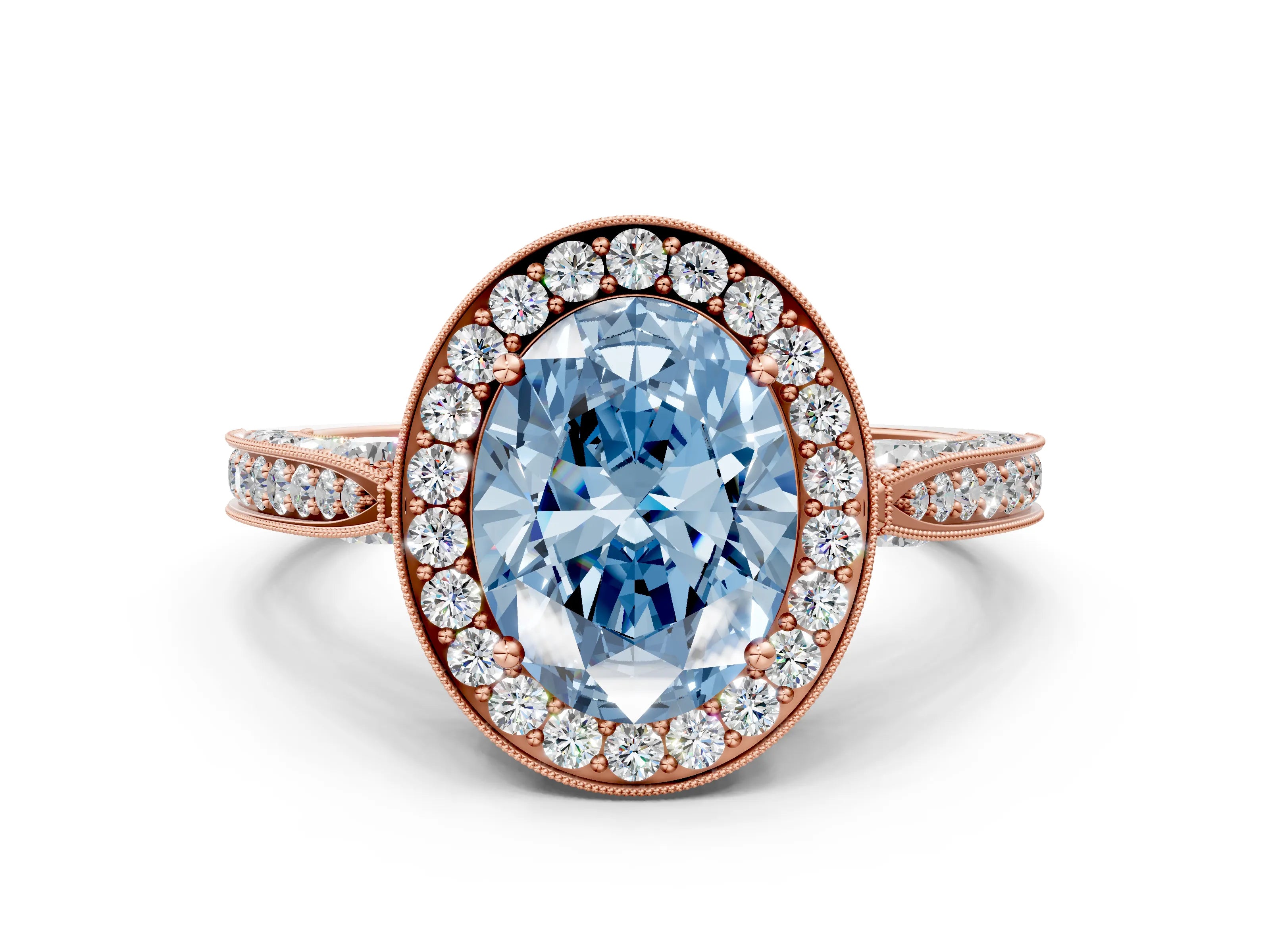 Rose gold Fancy Blue Oval Cut Halo Diamond Engagement Ring with Split Shank Band and Four-Prong Setting