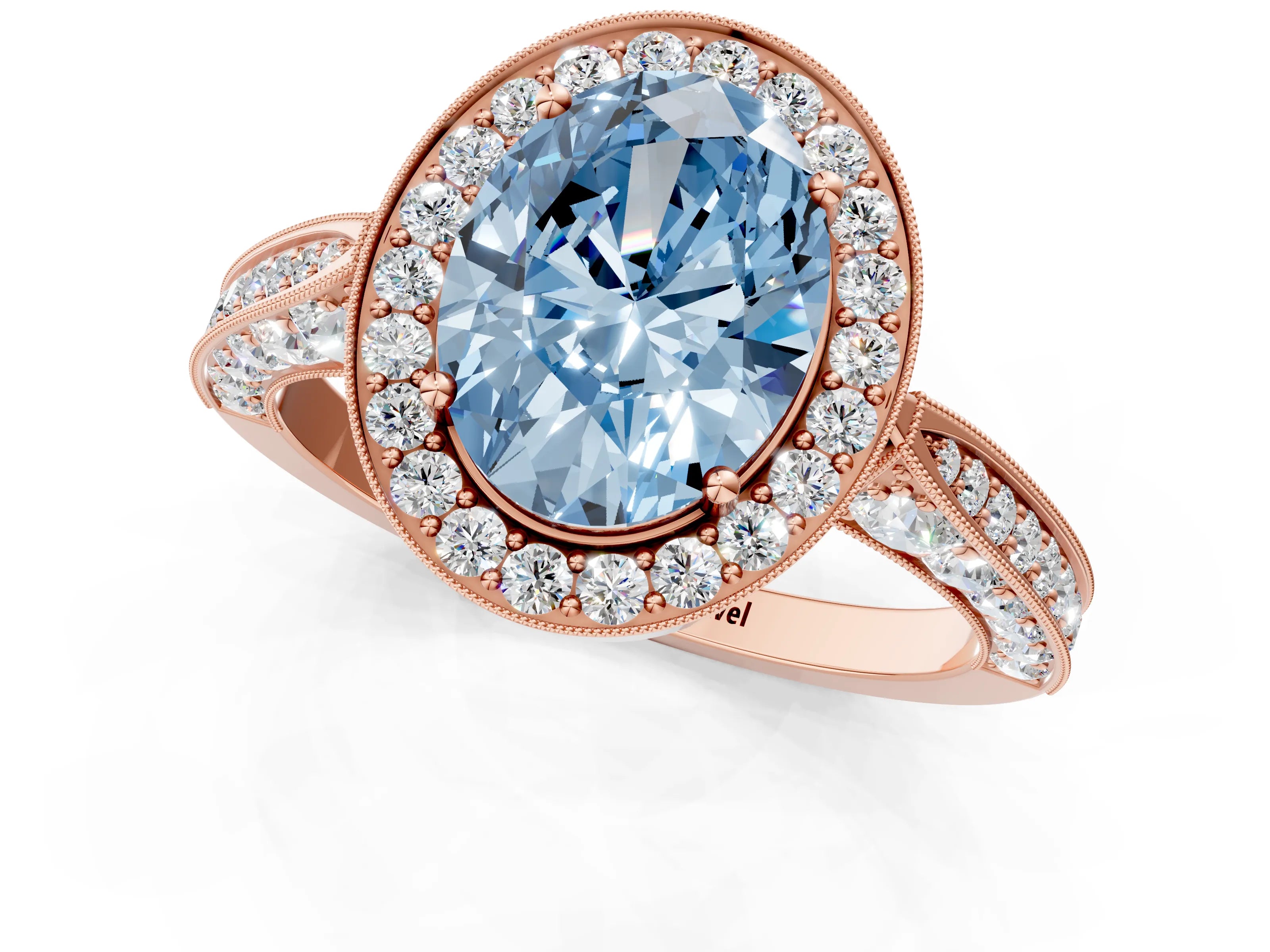 Rose gold Fancy Blue Oval Cut Halo Diamond Engagement Ring with Split Shank Band and Four-Prong Setting_1