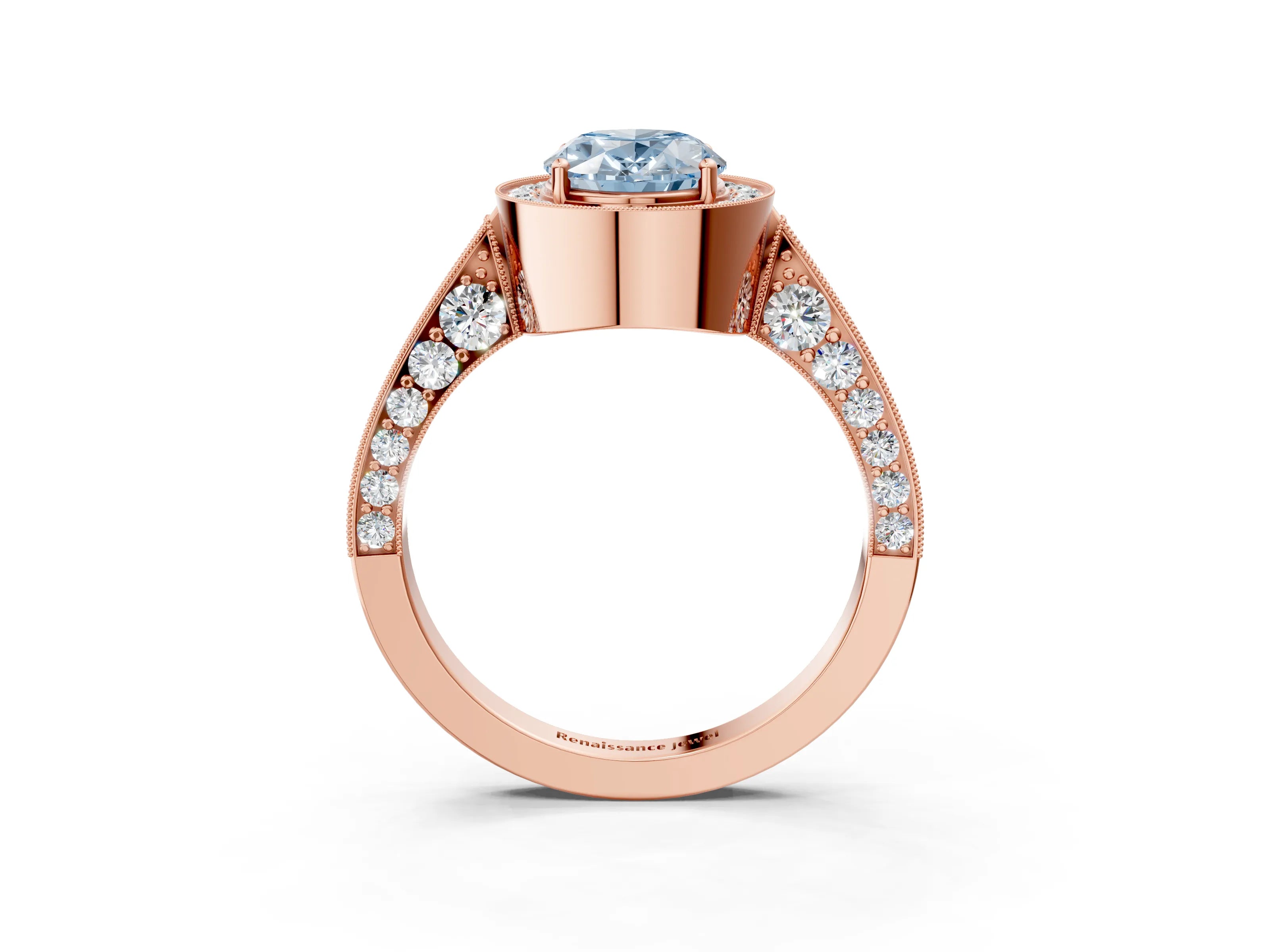 Rose gold Fancy Blue Oval Cut Halo Diamond Engagement Ring with Split Shank Band and Four-Prong Setting_3