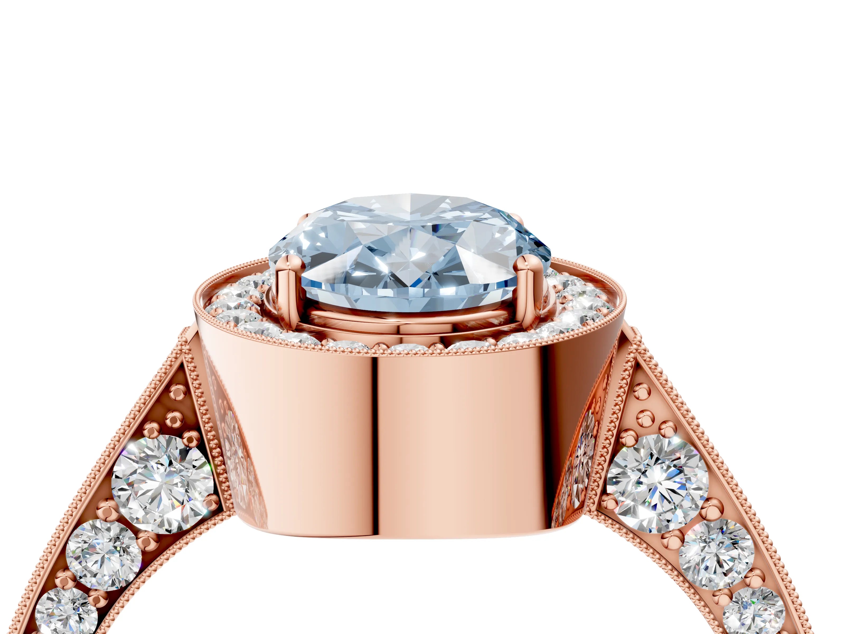 Rose gold Fancy Blue Oval Cut Halo Diamond Engagement Ring with Split Shank Band and Four-Prong Setting_4