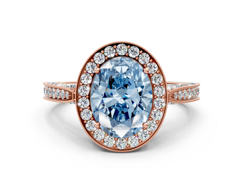 Rose gold Fancy Blue Oval Cut Halo Diamond Engagement Ring with Split Shank Band and Four-Prong Setting