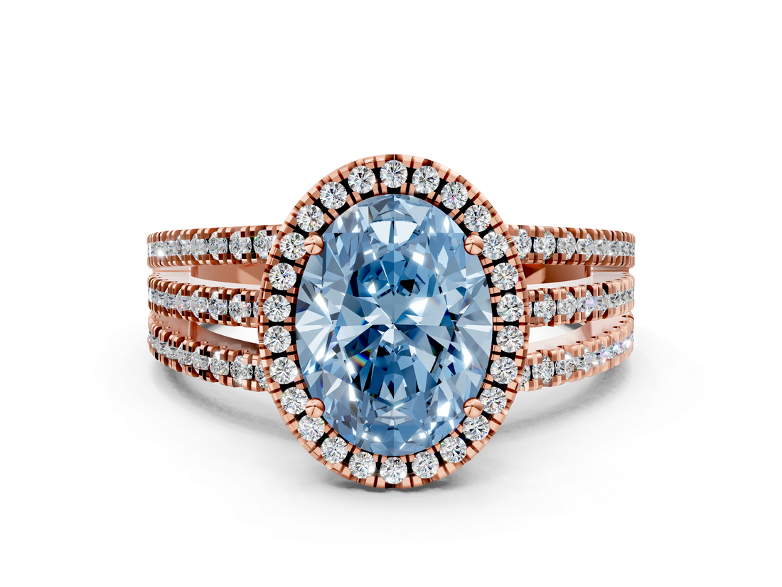 Rose gold Fancy Blue Oval  Cut Halo Diamond Engagement Ring with Split Shank and Four-Prong Setting_19