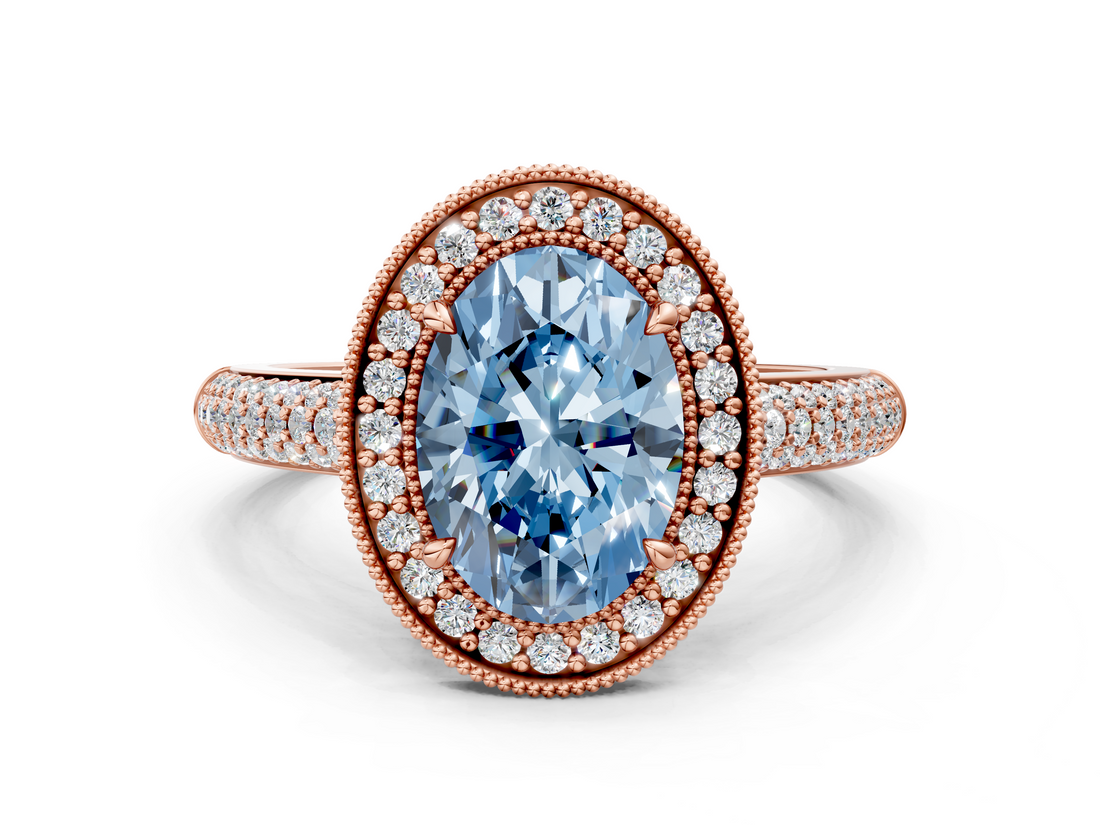 Rose gold Fancy Blue Oval  Cut Halo Diamond Pave Band with Four-Prong Setting_37