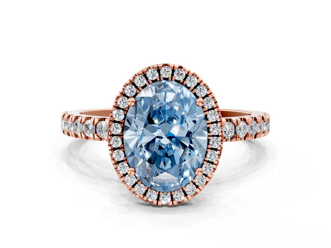 Rose gold Fancy Blue Oval Cut Halo Diamond Pave Band with Prong Setting