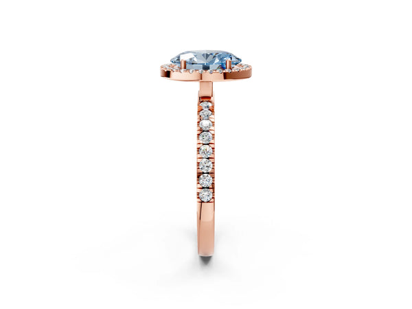 Rose gold Fancy Blue Oval Cut Halo Diamond Pave Band with Prong Setting