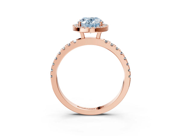 Rose gold Fancy Blue Oval Cut Halo Diamond Pave Band with Prong Setting