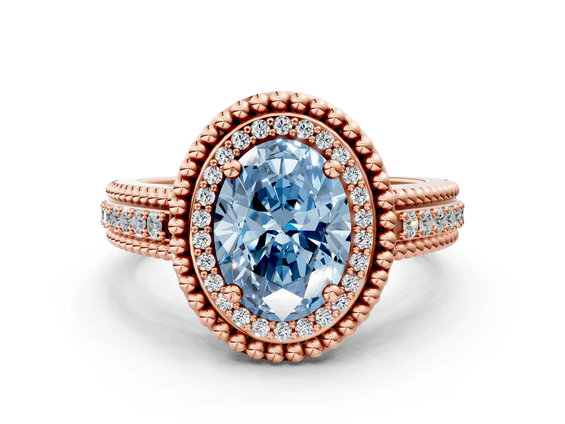 Rose gold Fancy Blue Oval Cut Halo Diamond Ring with Beaded Split Shank and Four-Prong Setting