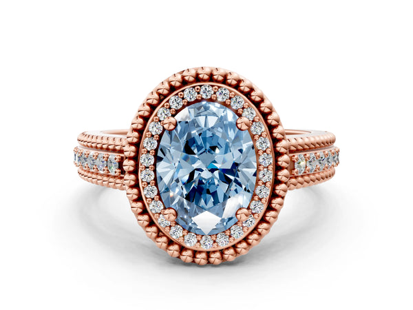 Rose Gold Oval Beaded Halo Engagement Ring Setting for Fancy Blue Center with Pave
