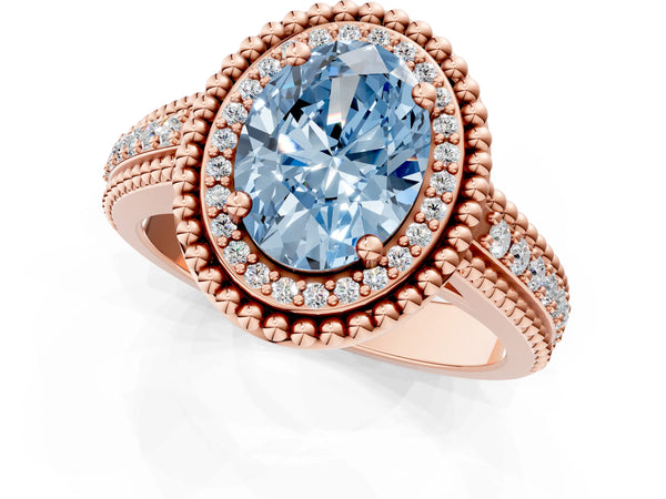 Rose Gold Oval Beaded Halo Engagement Ring Setting for Fancy Blue Center with Pave
