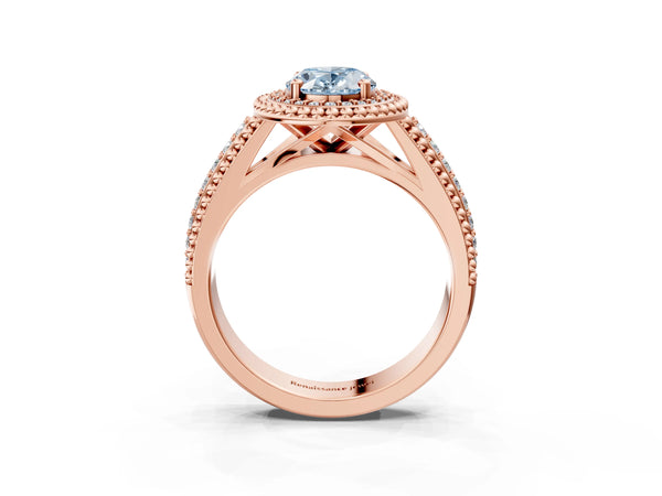 Rose Gold Oval Beaded Halo Engagement Ring Setting for Fancy Blue Center with Pave