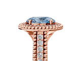 Rose gold Fancy Blue Oval Cut Halo Diamond Ring with Beaded Split Shank and Four-Prong Setting_5