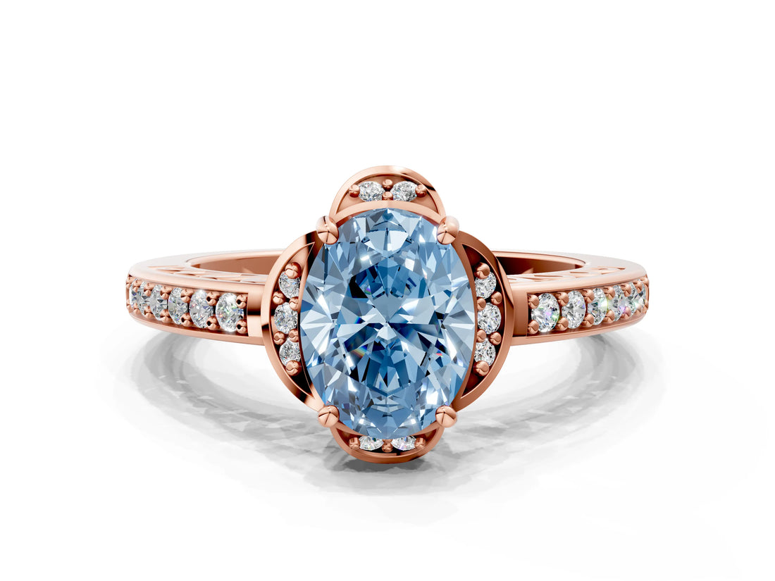 Rose gold Fancy Blue Oval  Cut Halo Diamond Ring with Channel Set Band and Four-Prong Setting_32